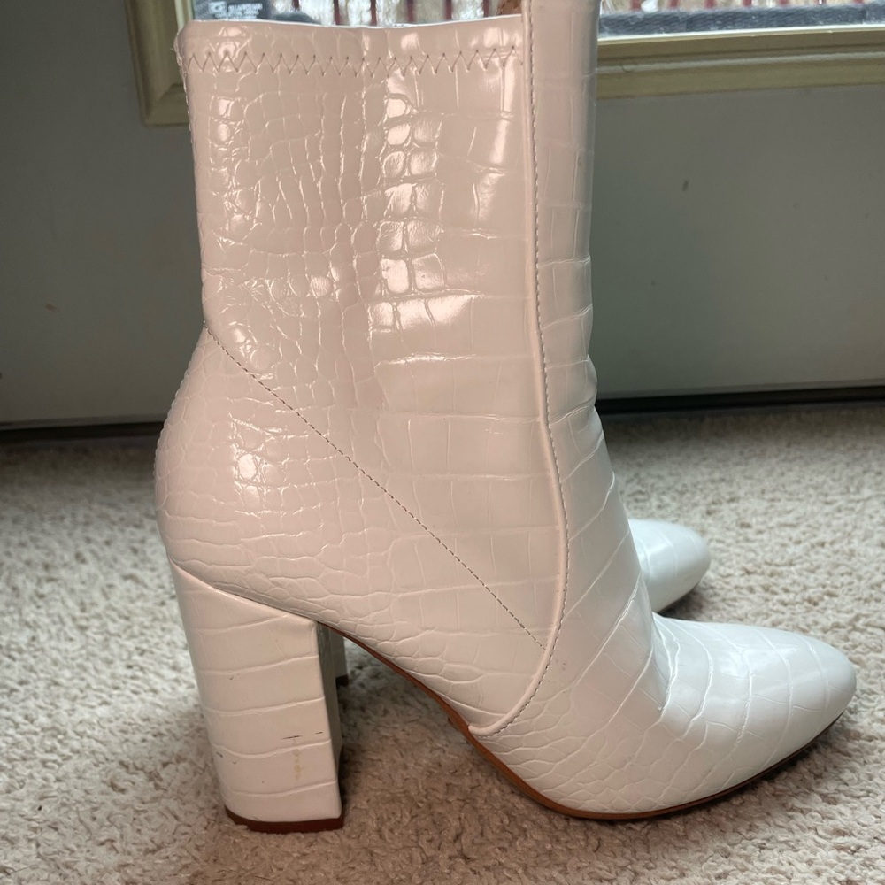 White faux alligator ankle boots